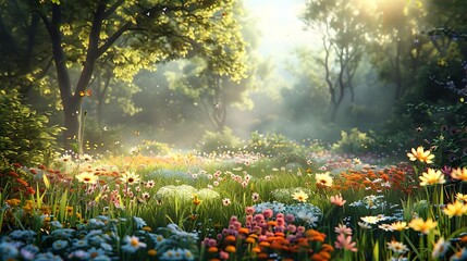 Wall Mural - A serene landscape filled with vibrant flowers and trees, illuminated by soft sunlight.