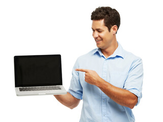Aufkleber - Man, laptop screen and point in studio with mockup space, presentation or choice for ui by white background. Person, employee and pc with blank display, happy and promotion for job at creative agency