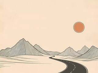 Sticker - Hand-drawn vector illustration of a mountain landscape with a road, featuring simple lines