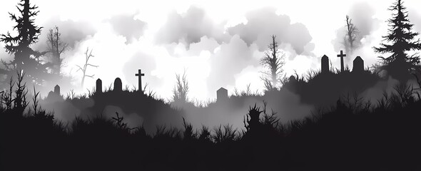 Poster - A foggy mountain landscape with silhouettes of trees and crosses, rendered in a black ink style