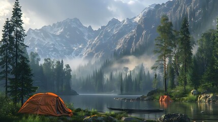 Canvas Print - Serene mountain landscape with tents by a lake, surrounded by lush trees and misty mountains.