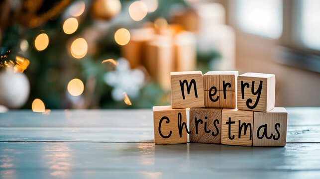 Merry Christmas Text with Christmas on Corner Over Rustic Wooden Background and with sparkles and bokhe