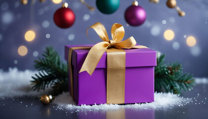 Wall Mural - A purple gift box with a gold ribbon, surrounded by Christmas ornaments and snow