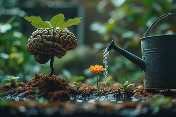 Human brain growing from a tree with flower, watering can is pouring water on the mind, mental health concept, positive attitude, creative thinking