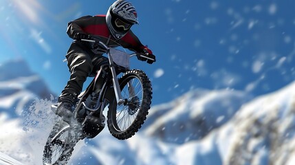 Canvas Print - A cyclist performing a jump on a mountain bike in a snowy landscape.