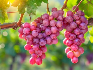 Wall Mural - Freshly harvested bunches of ripe red grapes hanging from vines in a sunlit vineyard during late summer