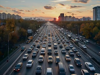 Busy urban highway at sunset with heavy traffic and city skyline in the background