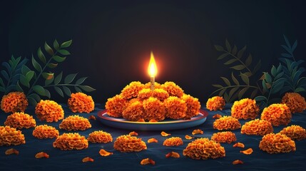 Marigold Flowers with a Burning Candle.