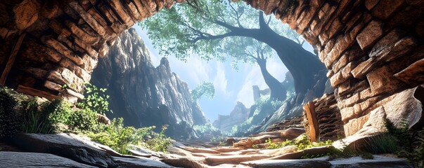 Poster - Cave Entrance with Tree and Sunlight.