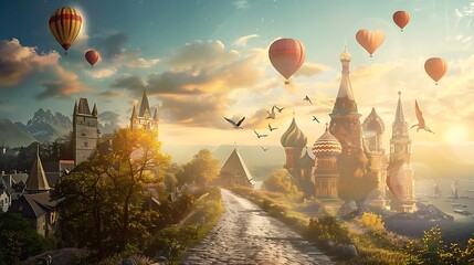 Canvas Print - A serene landscape with hot air balloons, castles, and a winding path under a colorful sky.