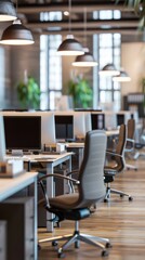 Poster - This workspace features sleek desks with desktop computers, comfortable chairs, and lush plants, promoting a dynamic and inspiring environment for collaboration and creativity