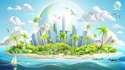 Sticker - A vibrant island cityscape blending nature and modern architecture.