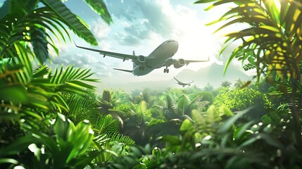 Poster - An airplane flying over a lush tropical landscape with sunlight filtering through the foliage.