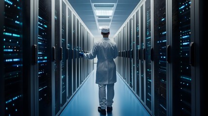 Wall Mural - Technician Performs Checkup on Servers Enabling Large Scale Computations in Modern Data Center