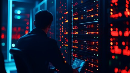 Poster - Technician Checking AI Optimized Servers in a High Tech Data Center