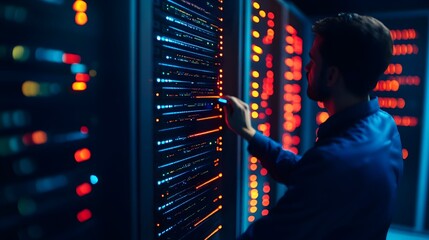 Poster - Technician Checking AI Optimized Servers in Workspace