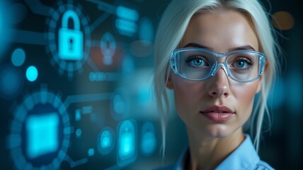 Cybersecurity threat illustration using artificial intelligence, European woman, white short hair, looking at camera, IT specialist, augmented reality, artificial intelligence, collage, straight profi