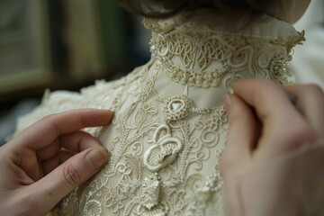 Wall Mural - Close up of a hand adjusting a white lace neckline on a dress.