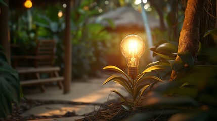 Wall Mural - A glowing light bulb nestled in a bed of lush greenery, with a blurred background of a wooden bench and foliage.