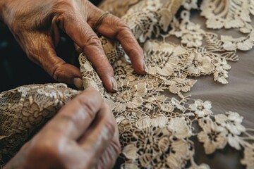 Wall Mural - Close up of a woman's hand adjusting delicate lace fabric.