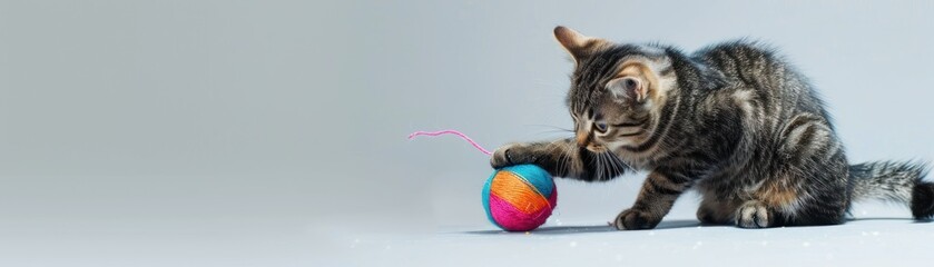 Poster - A playful kitten batting at a colorful yarn ball on a white background.