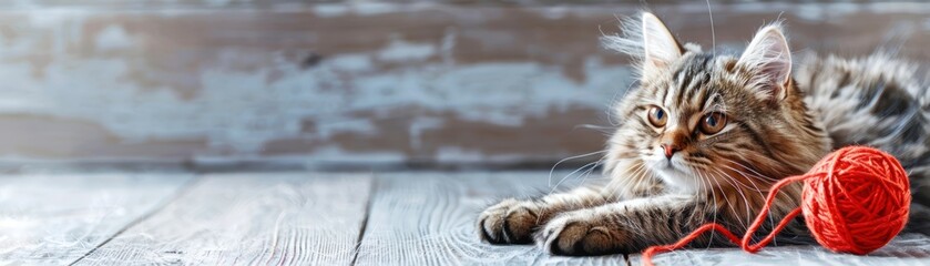 Poster - A fluffy brown tabby cat laying on a wooden floor, with a red ball of yarn.