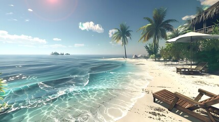 Poster - A serene beach scene with palm trees, clear water, and lounge chairs under a sunlit sky.