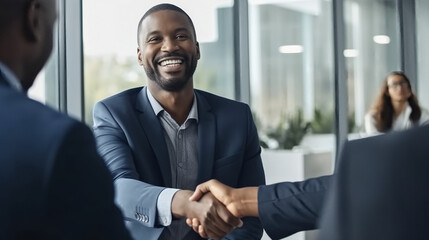 Smiling African American businessman shaking hands with an executive in the office.