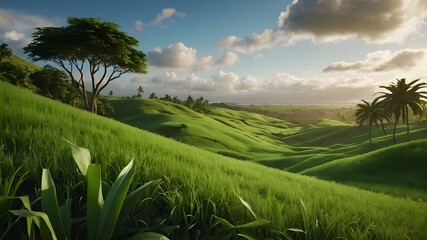 A lush island paradise, with rolling hills of rich, fertile dirt and vibrant green grass swaying in the gentle breeze. The 3D rendering captures every detail, from the individual blades of grass to th