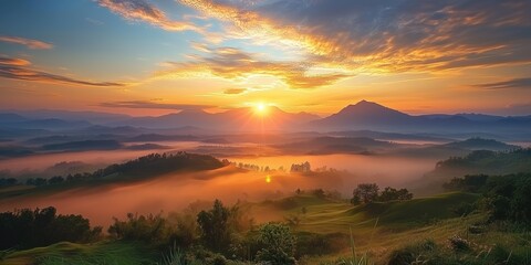 Wall Mural - beautiful photo landscape at sunrise or sutting with rising or setting sun over the morning or eveni