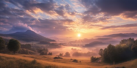 Wall Mural - beautiful photo landscape at sunrise or sutting with rising or setting sun over the morning or eveni