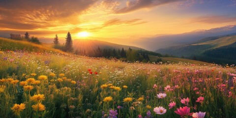 Wall Mural - beautiful photo landscape at sunrise or sutting with rising or setting sun over the morning or eveni