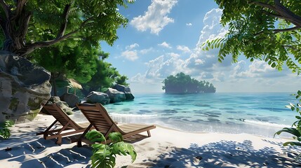 Wall Mural - A serene beach scene with lounge chairs overlooking calm waters and lush greenery.