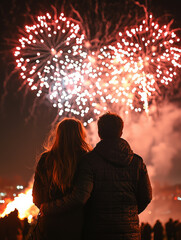 A couple watching a fireworks display at night, the sky illuminated with bursts of red and white fireworks