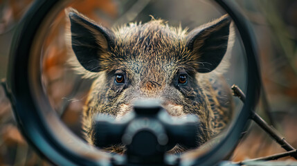 Wall Mural - wild hog through rifle scope: view of a wild hog seen through a rifle scope, focusing on hunting.