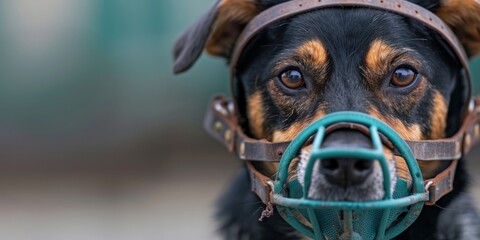 Wall Mural - Close-up of a black and brown dog wearing a muzzle.