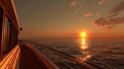 Wall Mural - A serene sunset over calm waters, viewed from a boat's deck.