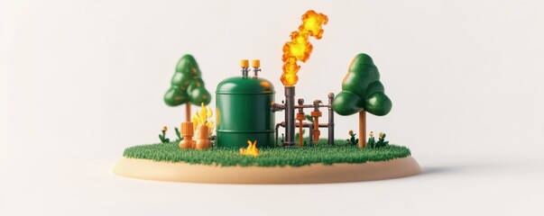 Wall Mural - methane gas escaping from a broken biogas generator on a farm, highlighting its flammable nature, isolated on a white background.