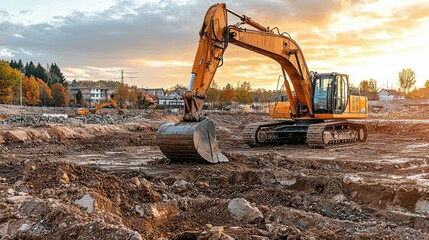 Excavator Working at a Construction Site During Sunset