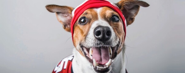 Poster - A dog in a red jersey, with its mouth open, and tongue sticking out, looks up with its big brown eyes.