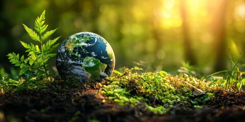 Beautiful Globe on Mossy Ground in Sunlit Forest, Symbolizing Environmental Conservation and Earth Day