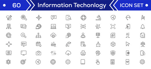 Information Technology Minimal line icons Bundle. Programming, Network, Website, Process, Internet, Data, Technology icon for apps and website