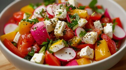 Canvas Print - Greek vegetable salad with tomatoes, herbs, bell pepper, and radish