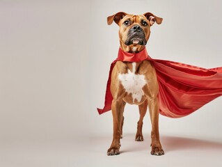 Wall Mural - A brown dog with a white patch on its chest wearing a red cape looking to the side.