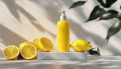 Canvas Print - Sunny Yellow Body Lotion Bottle on White Limestone Background Skincare Mockup