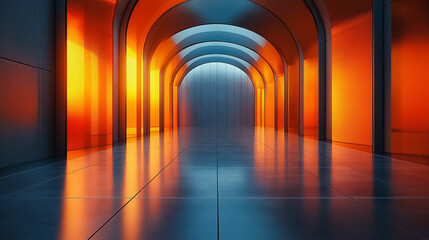 Poster - A long, narrow hallway with a bright orange light shining down on the floor. The space is empty and the only people visible are in the background