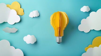 Paper yellow bulb lamp and clouds on sky blue background with copy space. Swap idea day concept.