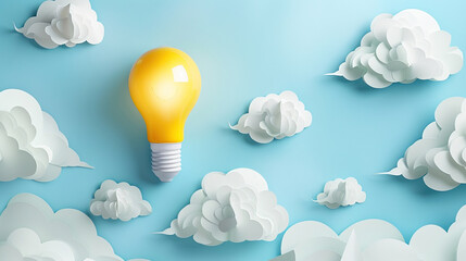 Paper yellow bulb lamp and clouds on sky blue background with copy space. Swap idea day concept.