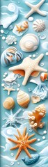 Sticker - Summer Seashells and Starfish on Blue Background.