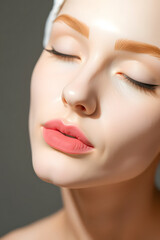 Wall Mural - Close-up of a mannequin's face with closed eyes and soft features, showcasing smooth skin and full lips. The background is neutral, emphasizing the facial details.